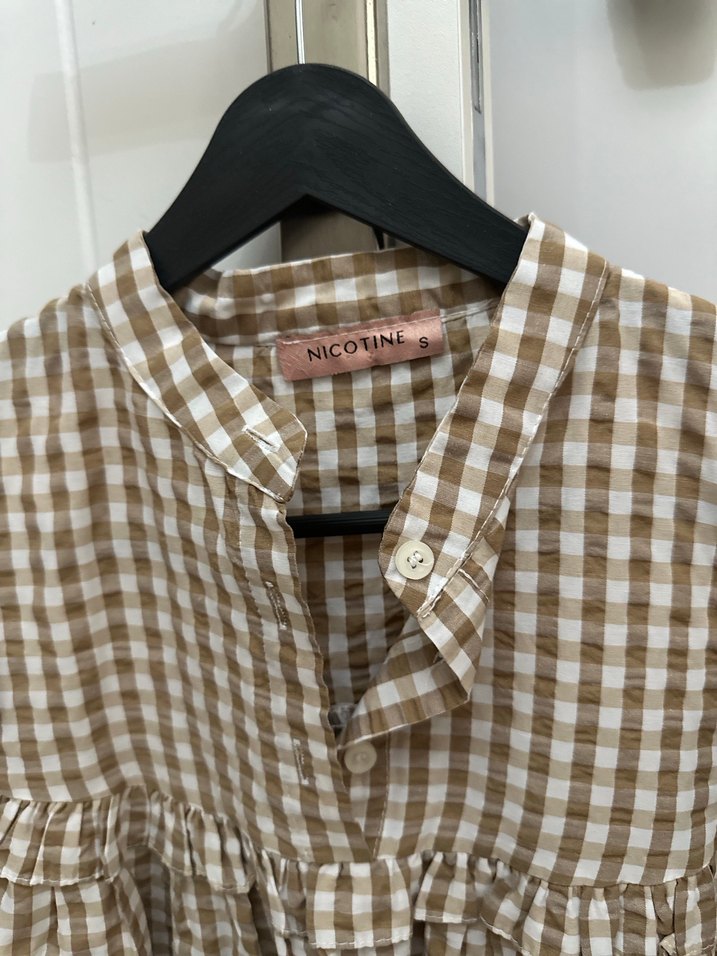 Bej Kareli Bohem Uzun Kollu Keten Tunik - Görsel 4