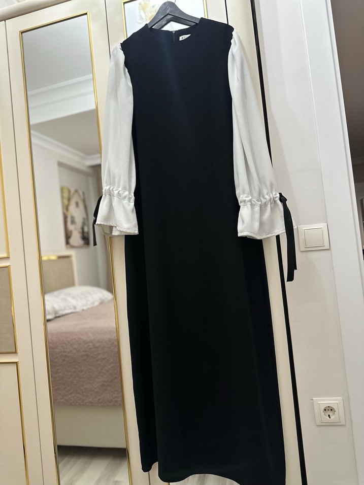 Drapeli Beyaz Uzun Kollu Kadın Elbise - Görsel 5