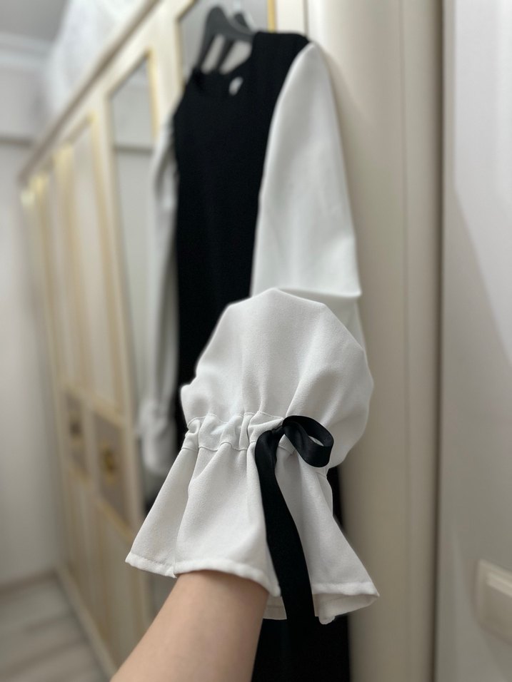 Drapeli Beyaz Uzun Kollu Kadın Elbise - Görsel 4