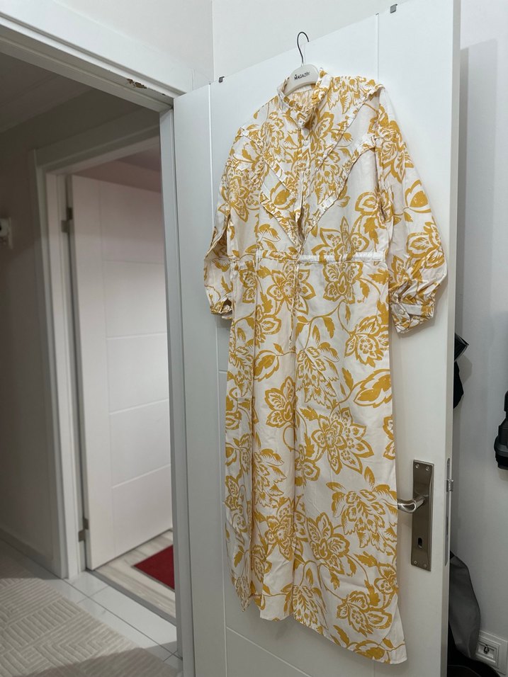 Sarı Çiçek Desenli Uzun Bohem Elbise - Görsel 5