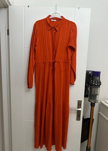 Turuncu Piliseli Uzun Keten Elbise - Görsel 8