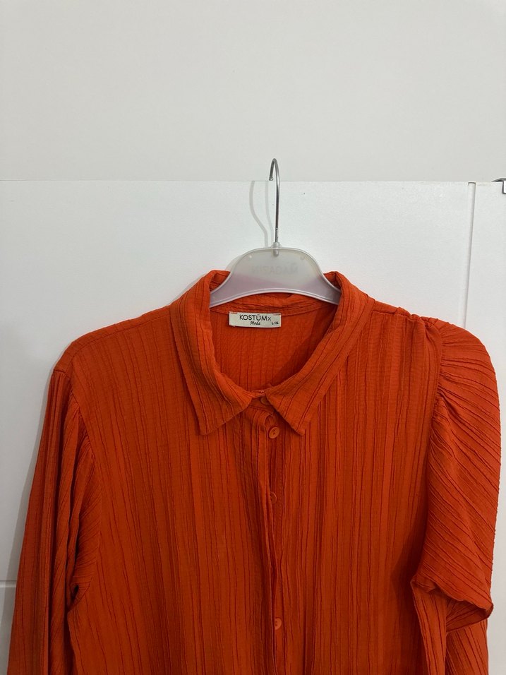 Turuncu Piliseli Uzun Keten Elbise - Görsel 5