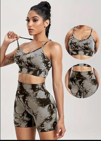 Oysho Gri Tie-Dye Mini Spor Tayt ve Büstiyer Takımı
