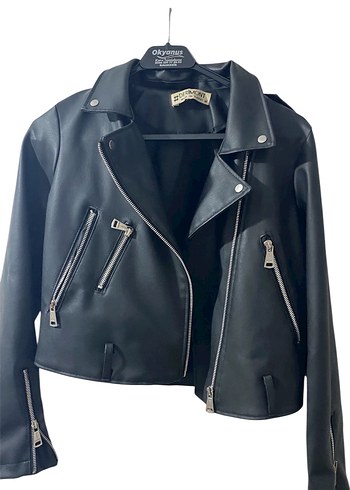 Siyah Kısa Deri Biker Ceket