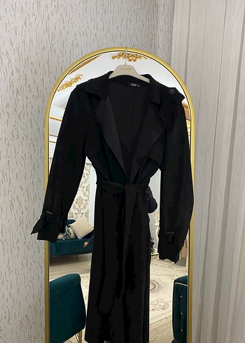 Siyah Süet Kemerli Uzun Kadın Trençkot - Görsel 2