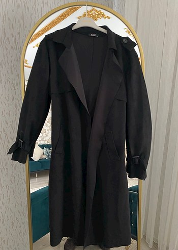 Siyah Süet Kemerli Uzun Kadın Trençkot - Görsel 3