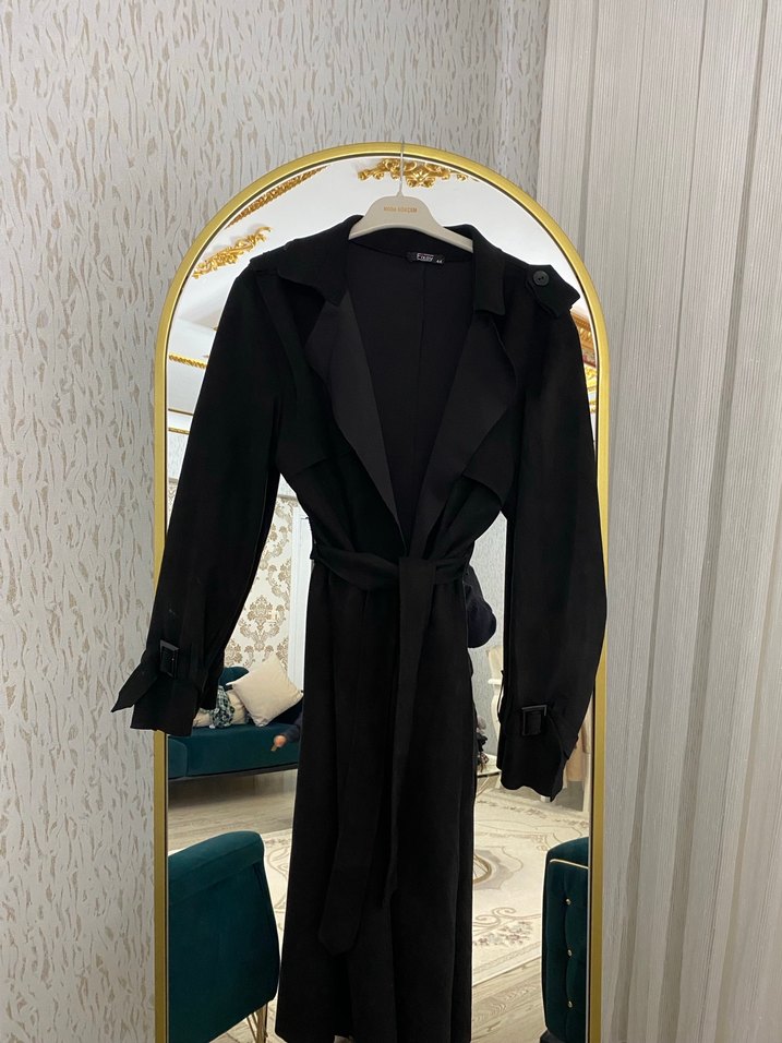 Siyah Süet Kemerli Uzun Kadın Trençkot - Görsel 2