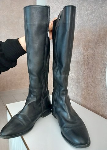 Kadın Siyah Deri Dizüstü Çizme Stiletto Topuk - Görsel 2