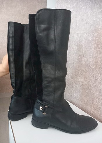 Kadın Siyah Deri Dizüstü Çizme Stiletto Topuk - Görsel 3
