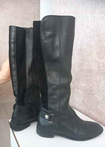 Kadın Siyah Deri Dizüstü Çizme Stiletto Topuk - Görsel 4