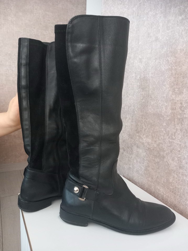 Kadın Siyah Deri Dizüstü Çizme Stiletto Topuk - Görsel 3