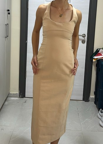 Bej Straplez Midi Elbise - Görsel 4