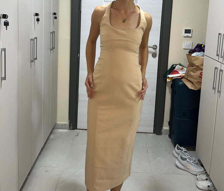 Bej Straplez Midi Elbise - Görsel 4