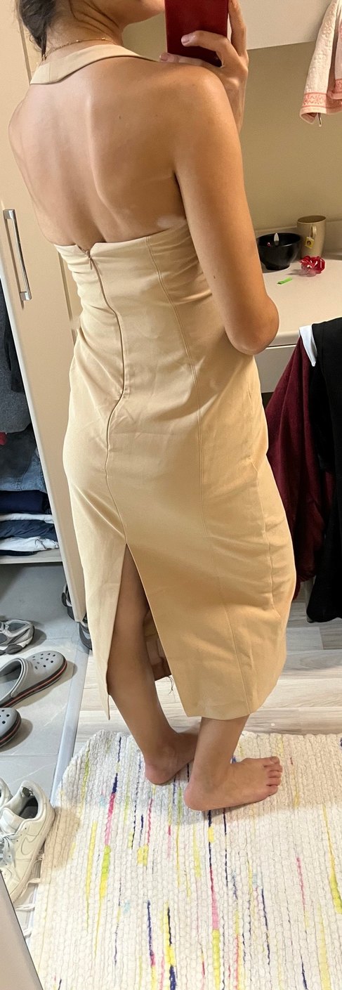 Bej Straplez Midi Elbise - Görsel 3