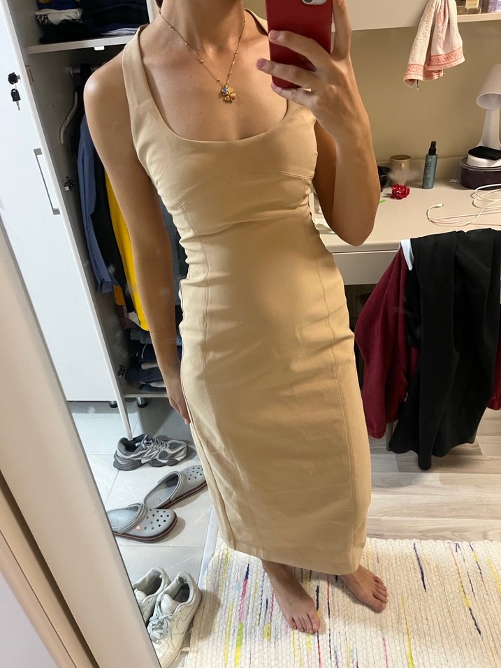 Bej Straplez Midi Elbise - Görsel 2