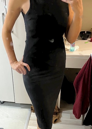 Dantel Detaylı Siyah Midi V Yaka Elbise - Görsel 4