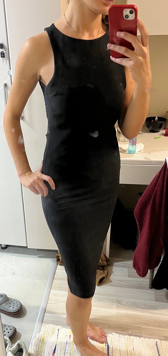 Dantel Detaylı Siyah Midi V Yaka Elbise - Görsel 4