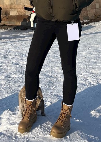 Bej Deri Platform Topuklu Sokak Stili Kadın Bot - Görsel 6