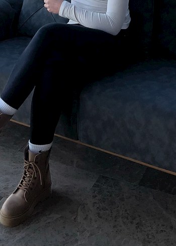 Bej Deri Platform Topuklu Sokak Stili Kadın Bot - Görsel 7