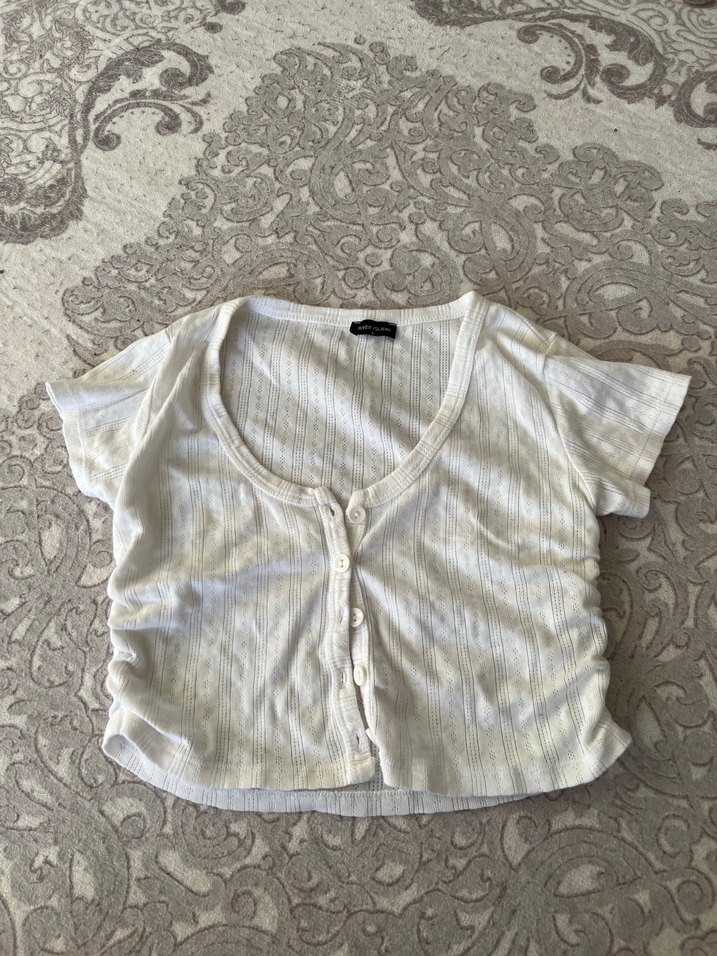 Siyah Keten Düğmeli Kısa Kollu Bluz - Görsel 2