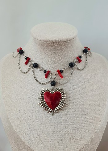 Kırmızı kalp grunge kolye - Görsel 2