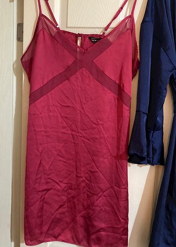 Mavi Midi Kadın Saten Sabahlık ve Bordo İp Askılı Gecelik - Görsel 3