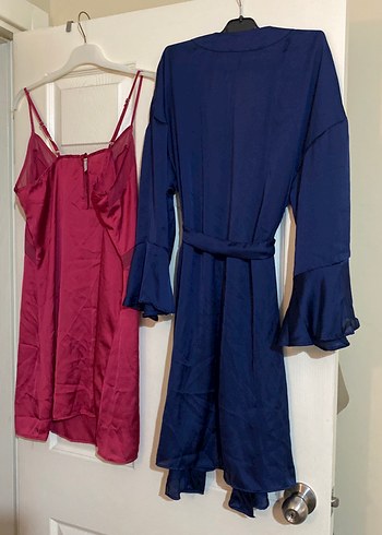 Mavi Midi Kadın Saten Sabahlık ve Bordo İp Askılı Gecelik - Görsel 5