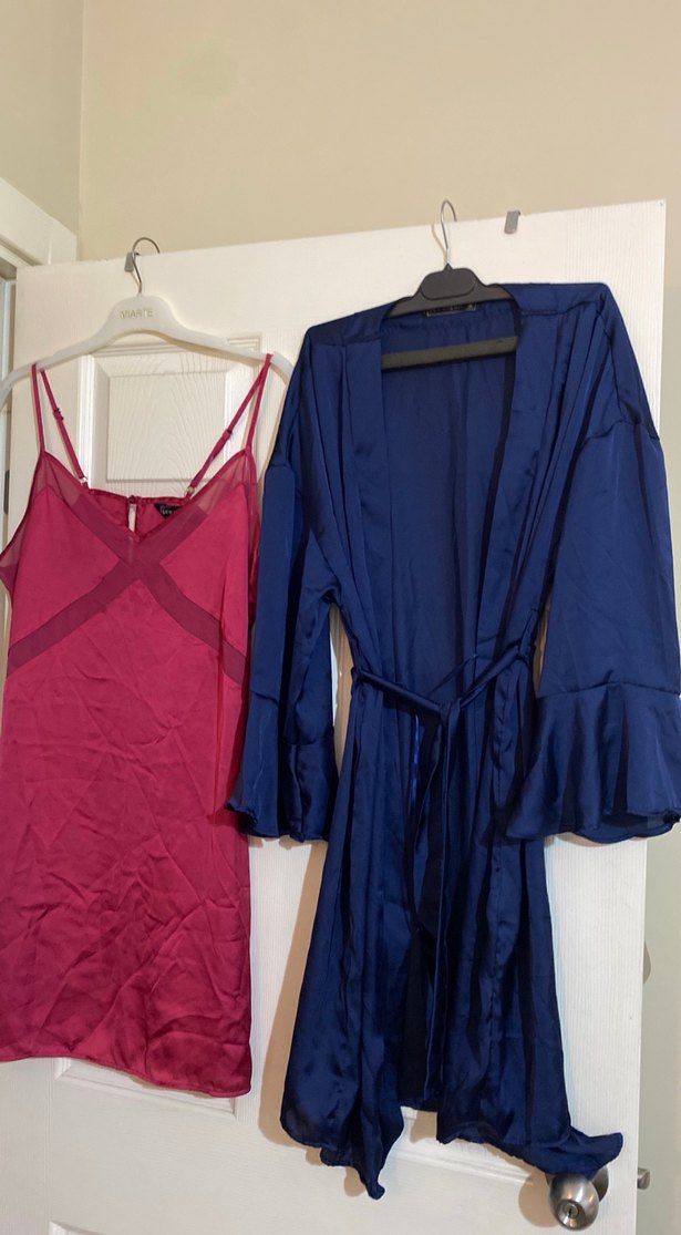 Mavi Midi Kadın Saten Sabahlık ve Bordo İp Askılı Gecelik - Görsel 2