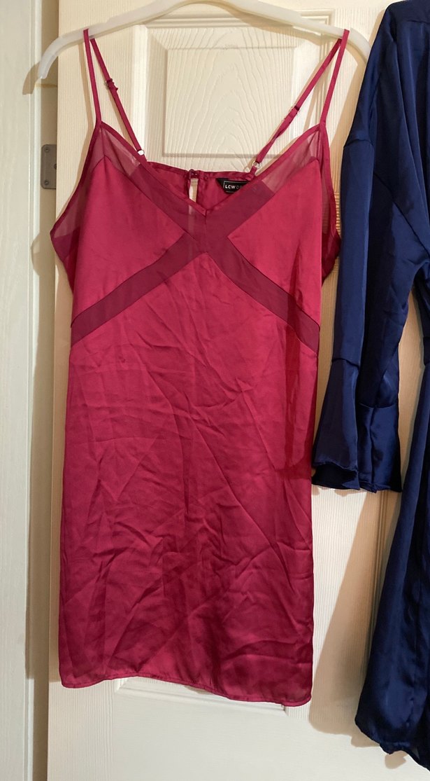 Mavi Midi Kadın Saten Sabahlık ve Bordo İp Askılı Gecelik - Görsel 3