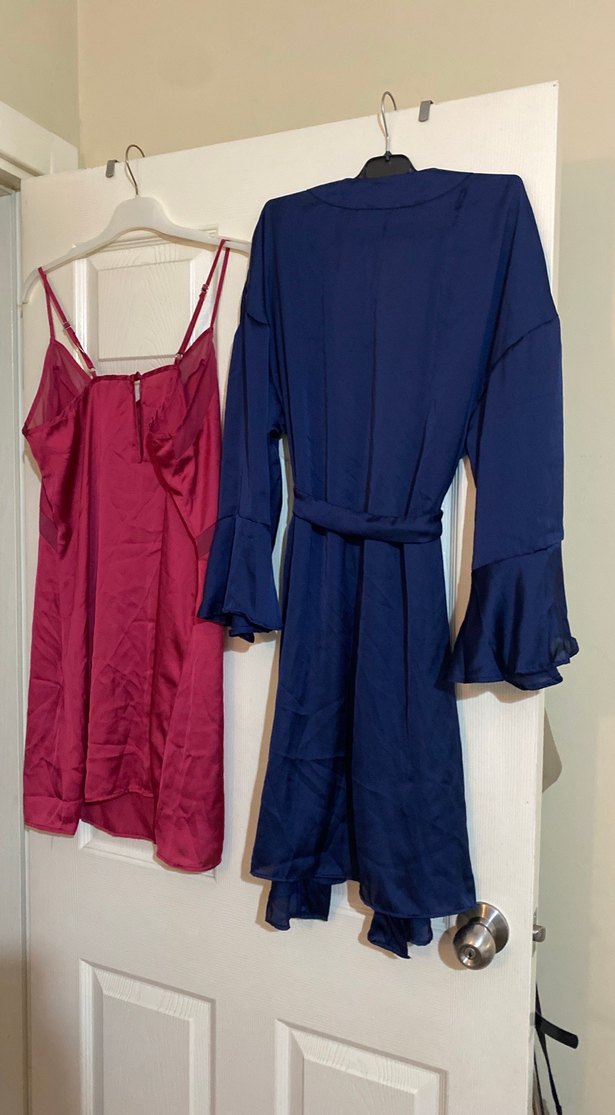 Mavi Midi Kadın Saten Sabahlık ve Bordo İp Askılı Gecelik - Görsel 5