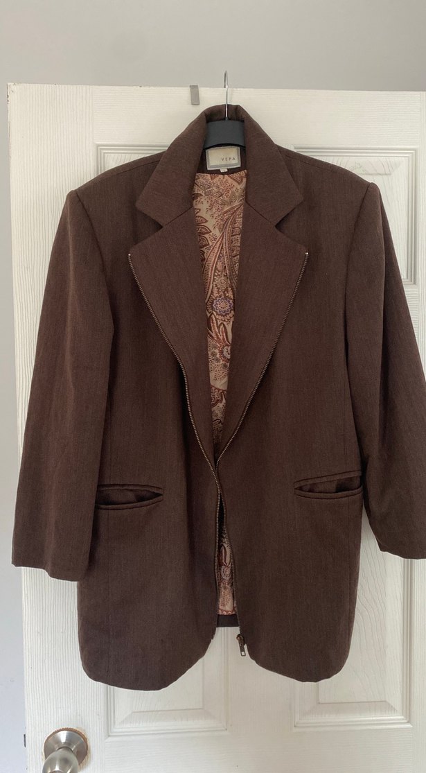Kahverengi Kadın yün Uzun Blazer Ceket - Görsel 2