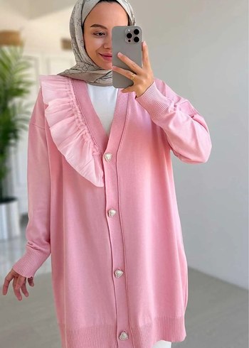 Pembe Fırfırlı V Yaka Midi Hırka