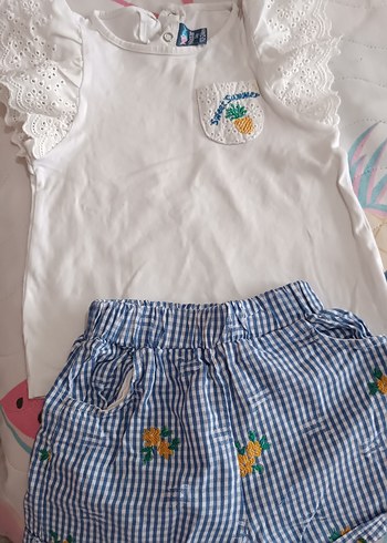 Nakışlı Mavi Ekoseli Kız Çocuk Takımı