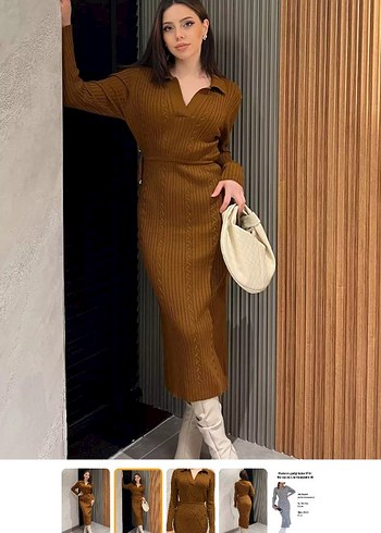 V Yaka Örgü Kahverengi Uzun Elbise - Görsel 2