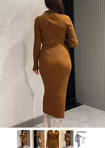 V Yaka Örgü Kahverengi Uzun Elbise - Görsel 4