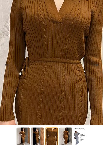V Yaka Örgü Kahverengi Uzun Elbise - Görsel 3