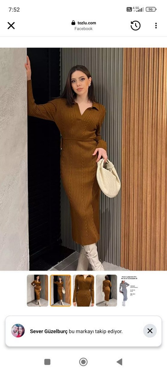 V Yaka Örgü Kahverengi Uzun Elbise - Görsel 2