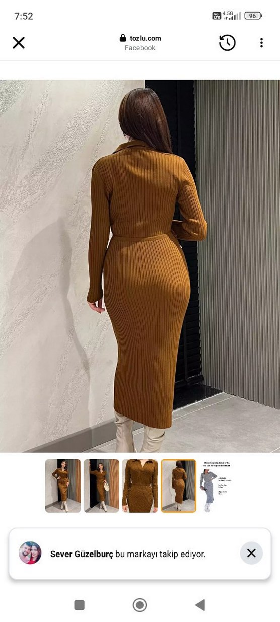 V Yaka Örgü Kahverengi Uzun Elbise - Görsel 4