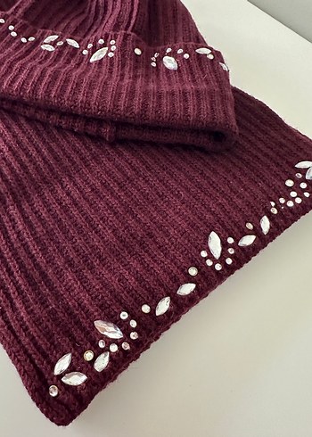 Bordo Taşlı Örgü Kadın Bere ve Atkı Seti - Görsel 2