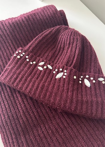 Bordo Taşlı Örgü Kadın Bere ve Atkı Seti - Görsel 3