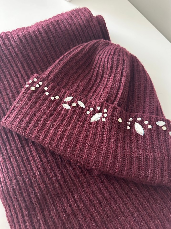 Bordo Taşlı Örgü Kadın Bere ve Atkı Seti - Görsel 3