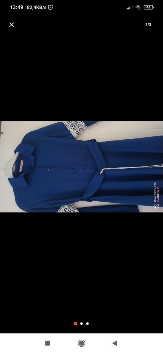 Uzun Kollu Kemerli Mavi Nakışlı Elbise - Görsel 2