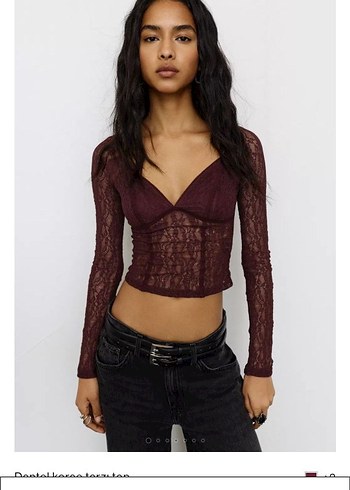 Bordo Dantel Detaylı V Yaka Kadın Bluz - Görsel 2
