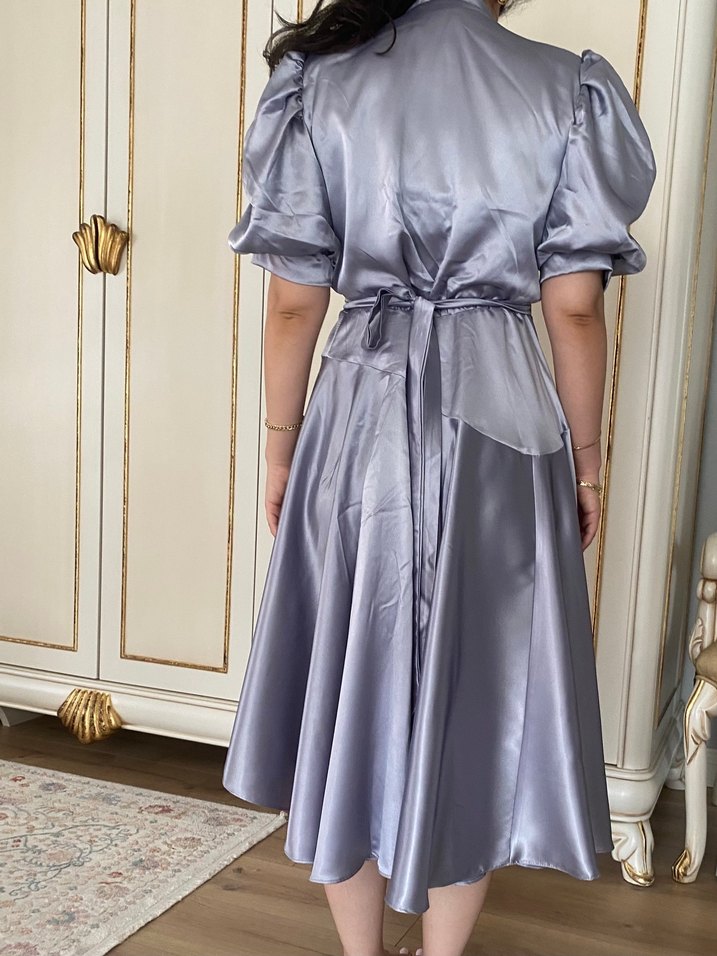 Bebek Mavi Coupe Marka Midi Boy Drapeli Kadın Mezuniyet Elbisesi - Görsel 3