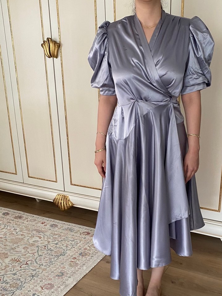 Bebek Mavi Coupe Marka Midi Boy Drapeli Kadın Mezuniyet Elbisesi - Görsel 2