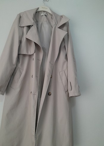 Gri Bej Uzun Düğmeli Kadın Trençkot - Görsel 2