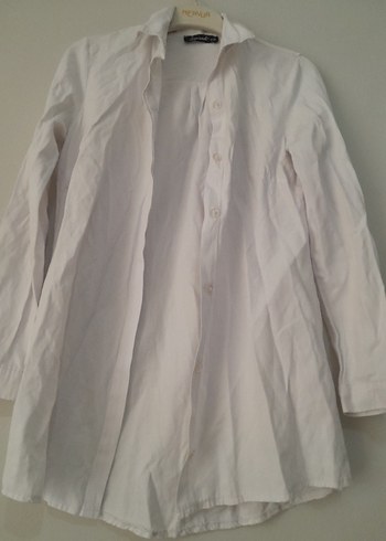 Beyaz Keten Düğmeli Uzun Kollu Gömlek - Görsel 3