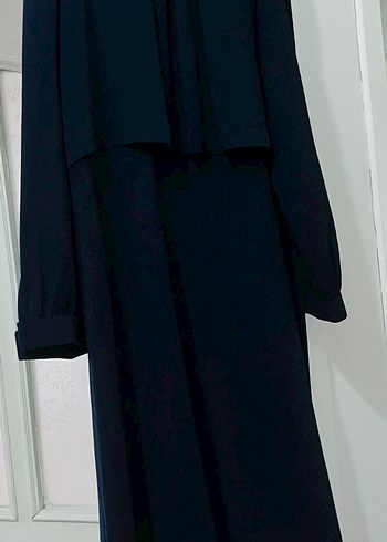 Lacivert Drapeli Uzun Kollu Uzun Elbise - Görsel 2