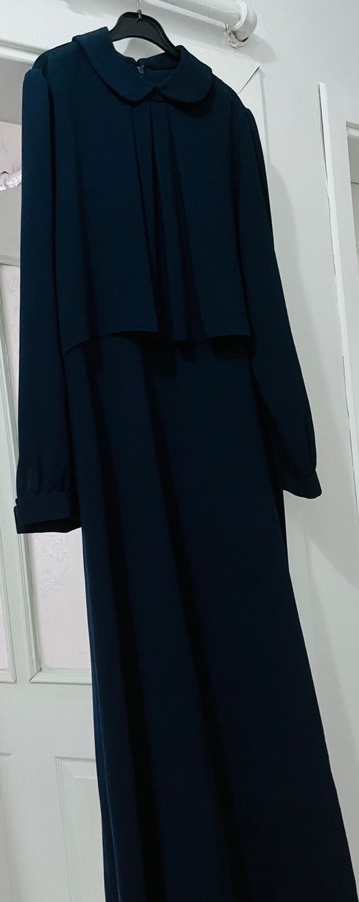 Lacivert Drapeli Uzun Kollu Uzun Elbise - Görsel 2