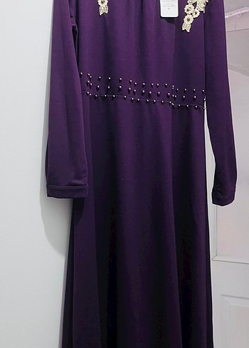İşlemeli ve Boncuk Detaylı Uzun Mor Elbise - Görsel 2